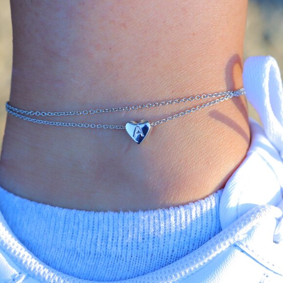 SILVER INITIAL ANKLET ❤️HEART CHARM PERSONALIZED ALPHABET DAINTY, ELDM22336 - Picture 6 of 15